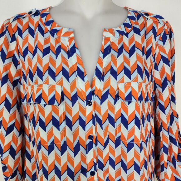 41 Hawthorn Womens Top Size XS Button Up Blouse Chevron Orange Blue Pockets V - Picture 5 of 10